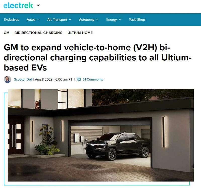 GM is expanding vehicle-to-home (V2H) bi-directional charging to all Ultium-based EVs by 2026